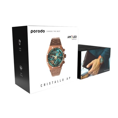 ساعة بورودو كريستالو AP الذكية، شاشة AMOLED بحجم 49 مم، دقة 466 × 466، ذاكرة 128 ميجابايت، بطارية 260mAh، هيكل من سبائك الزنك، بلوتوث V3.0/V5.0، مستشعر G، مستشعر IC - ذهبي وردي
