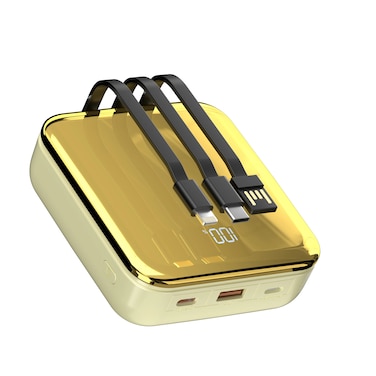 Porodo Compact 20000mAh Power Bank, Built-in USB-A, Type-C &amp; Lightning Cables, 20W Power Delivery, Simultaneous Charging, Compact Design &amp; Fast Charging &ndash; Gold