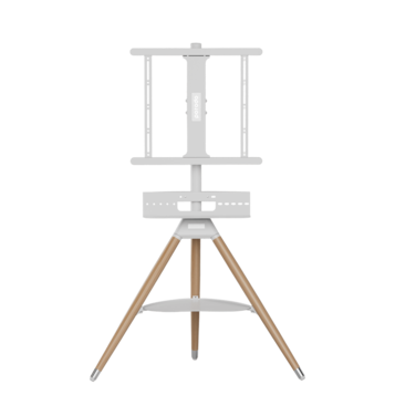 حامل ثلاثي القوائم للتلفزيون من Porodo مقاس 32-65 بوصة، متوافق مع VESA، تخزين أجهزة الوسائط، تحكم متعدد الزوايا، حامل ثلاثي خشبي، سعة وزن 35 كجم، فولاذ متين + بلاستيك + خشب الشاطئ