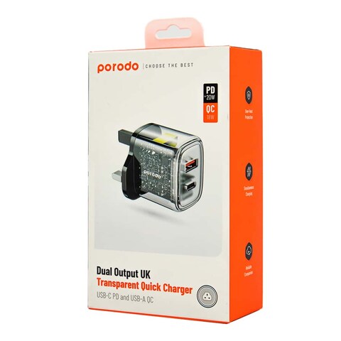 Porodo PD 20W + QC 18W Dual Output Transparent Quick Charger - Black