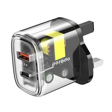 Porodo PD 20W + QC 18W Dual Output Transparent Quick Charger - Black