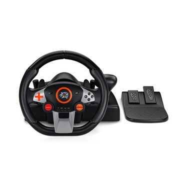 Porodo Gaming 7-in-1 Steering Wheel, 270&deg; Coil-Spring Mechanism, 10" Racing Wheel, Quick Pedal, Gear Lever, Vibration Motor, Plug &amp; Play, Compatible with PS4, PC, Xbox, Nintendo Switch, Black
