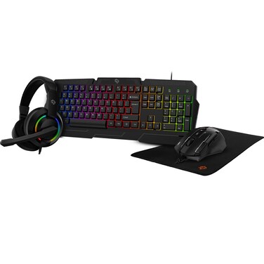 مجموعة بورودو جيمينج 4 في 1 للألعاب، لوحة مفاتيح ميمبرين، إضاءة خلفية RGB، ماوس مع DPI قابل للتعديل، سماعة رأس 40 مم، وسادة ماوس من القماش والمطاط، متوافقة مع ويندوز ولينكس، أسود
