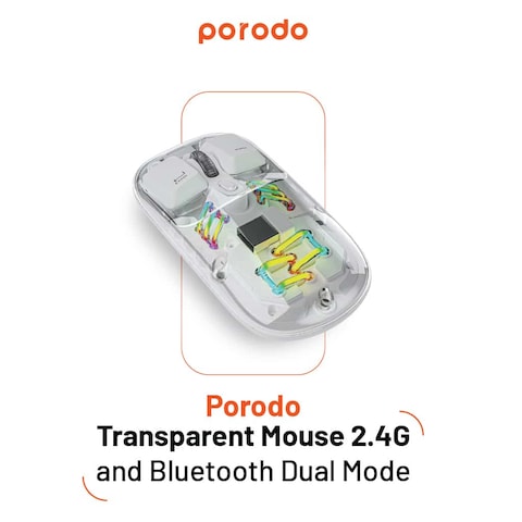 ماوس بلوتوث Porodo 1600 DPI شفاف 2.4G ثنائي الوضع - أبيض