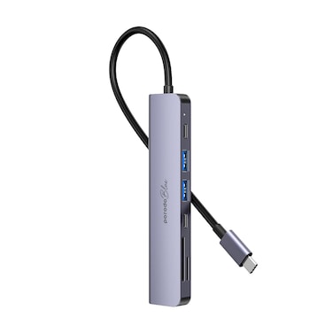 Porodo Blue 7 Ports USB-C HUB, High-Speed SD &amp; Micro SD Card Reader, HDMI 4K@30Hz Output, USB-A &amp; USB-C Data Transfer up to 5Gbps, 100W Power Input, Plug and Play, Gray
