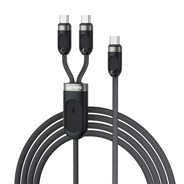 كابل شحن سريع 2 في 1 Type C-C+C من Porodo 1.2 متر، PD 60 واط، سلك مضفر، توافق عالمي، شحن متزامن، متوافق مع الهواتف الذكية وأجهزة الكمبيوتر المحمولة - أسود
