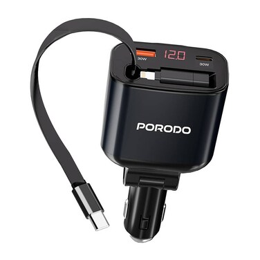 Porodo 105W Car Charger With Retractable Type-C Cable, USB-C to Lightning OTG and Digital Display - Black