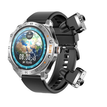 Porodo Hype Smart Watch Black dial with Earbuds and Black Leather Band Sleep Monitor Heart Rate Pedometer IP67 Water Resistant Smartwatch With Earbuds Leather Band Included (Silver)