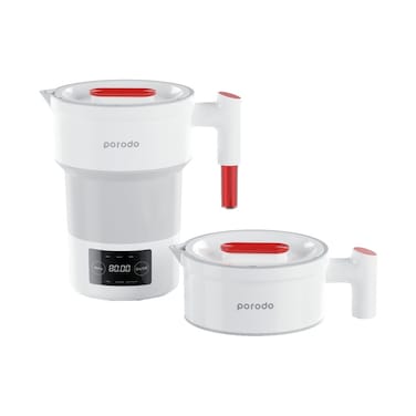 Porodo Lifestyle Portable Folding Electric Kettle, 600ml, 850W Power, Temperature Setting, Digital Touch Display, High-Grade Silicone, Folding Design, UK 3-Pin Plug, White
