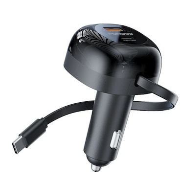Porodo Dual Port Car Charger, 80cm Retractable Type-C Cable, Universal Compatibility, Simultaneous Charging, PD 36W &amp; QC 36W Fast Charging, Compact &amp; Travel-Friendly
