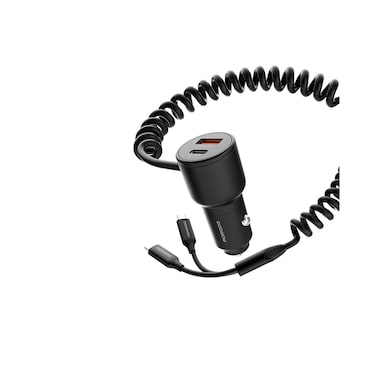Porodo Dual Port Car Charger with Integrated Type-C to Type-C Cables 1.5m, 30W Dual Cables, 20W USB-C &amp; 18W USB-A Output, Simultaneous Charging, Universal Compatibility
