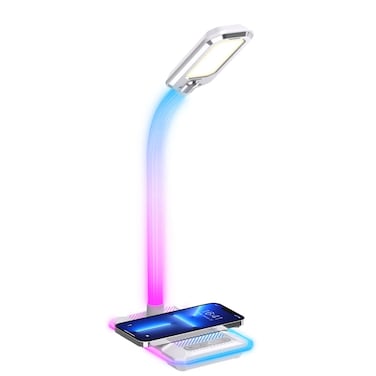 مصباح مكتب الألعاب الرياضية الإلكترونية بورودو، قاعدة شحن، شحن لاسلكي بقوة 10 واط، إضاءة RGB، مستويات سطوع قابلة للتعديل، أوضاع ألوان أبيض/دافئ، مدخل/مخرج USB - أبيض
