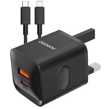 Porodo Dual Port Wall Charger UK, USB-C Output 9V/2.22A, 12V/1.67A, 5V/4A, 20W, USB-A Output 9V/2A, 12V/1.5A, 5V/4A, 20W, 1.2M USB-C to Lightning Cable Included, Black
