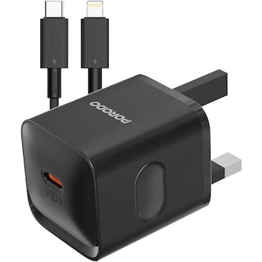 Porodo USB-C Power Delivery Wall Charger, 5V/3A, 9V/2.22A, 12V/1.67A Output, 1.2M USB-C to Lightning Cable Included, Simultaneous Charging, Power Output 20W, PD 20W, Black

