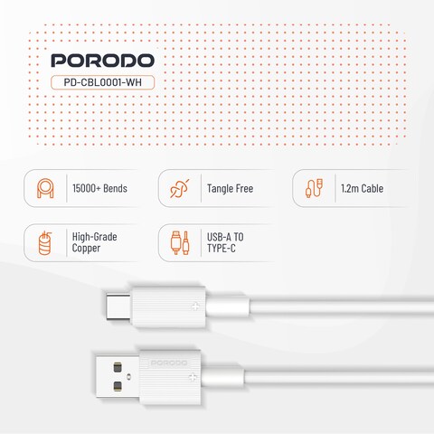 كابل بورودو USB-A QC إلى Type-C من PVC بطول 1.2 متر خالٍ من التشابك، شحن سريع ونقل بيانات، عمر افتراضي +15000 انحناء، خفيف الوزن وسهل الحمل، متوافق مع الهواتف الذكية وسماعات الأذن (أبيض)
