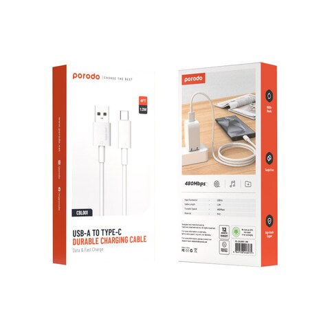 كابل بورودو USB-A QC إلى Type-C من PVC بطول 1.2 متر خالٍ من التشابك، شحن سريع ونقل بيانات، عمر افتراضي +15000 انحناء، خفيف الوزن وسهل الحمل، متوافق مع الهواتف الذكية وسماعات الأذن (أبيض)
