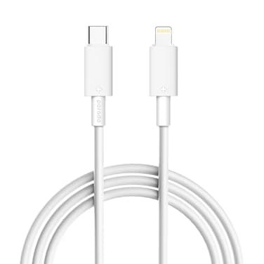 Porodo USB Type-C to Lightning Head Fast Charging Cable, 27W PD, 3 Meters PVC Cable, 480Mbps Data Transfer Speed, Over 15000 Bends, Tangle Free, High-Graded Copper (White)