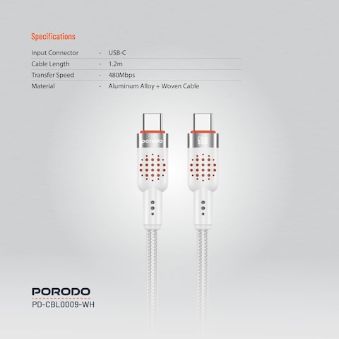 كابل Porodo المضفر Type-C إلى Type-C، طول 1.2 متر، 60 وات شحن سريع، نقل بيانات بسرعة 480 ميجابت في الثانية، مواد ألومنيوم سبيكة وكابل منسوج، تصميم خالي من التشابك، أبيض
