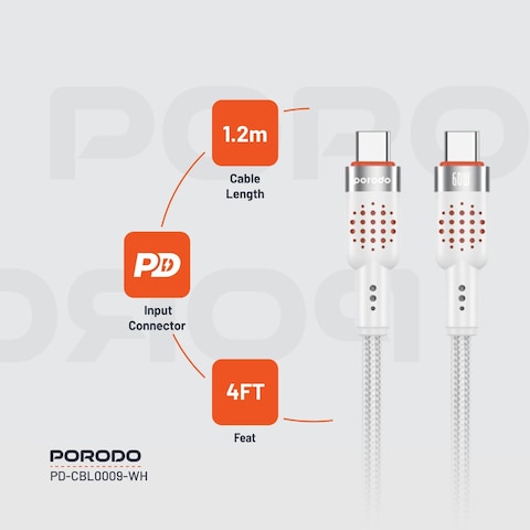 كابل Porodo المضفر Type-C إلى Type-C، طول 1.2 متر، 60 وات شحن سريع، نقل بيانات بسرعة 480 ميجابت في الثانية، مواد ألومنيوم سبيكة وكابل منسوج، تصميم خالي من التشابك، أبيض
