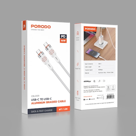 كابل Porodo المضفر Type-C إلى Type-C، طول 1.2 متر، 60 وات شحن سريع، نقل بيانات بسرعة 480 ميجابت في الثانية، مواد ألومنيوم سبيكة وكابل منسوج، تصميم خالي من التشابك، أبيض
