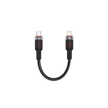 Porodo Braided Cable Type-C to Lightning Head 25cm Tangle Free with Aluminum Shell, PD 30W Fast Charging, 480Mbps Transfer Speed, Compatible with Apple iPhone, iPad, Laptops - Black
