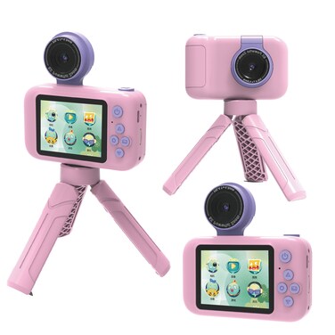 Porodo Lifestyle Kids Flip Digital Camera with Tripod Stand, 12MP (Extrapolated 48MP), 1080P Video Resolution, 2.4" Widescreen, 180&deg; Flip Lens, 1000mAh Battery, Up to 32GB Micro SD, Pink
