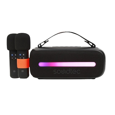 Porodo Soundtec 24W Speaker with Dual Wireless Microphone, BT V5.3, Stereo Sound, Deep Bass, FM Functions, Multi-Function Buttons, RGB Light, USB Playback, for Karaoke, Singing, Music Playing - Black