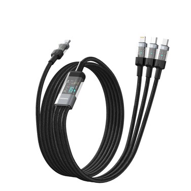 Porodo 3-In-1 Multi Charger Transparent Cable, 60W PD Fast Charging, Digital Display, 1M Braided Cable, USB-C Input, USB Type-C/Lightning/Micro USB Outputs, Universal Compatibility - Black

