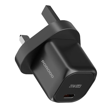 Porodo UK GaN Charger with Type-C to Lightning Head Cable, PD 20W Fast Charge, Universal Compatibility, Overheat Protection, Safe &amp; Reliable Charging - Black
