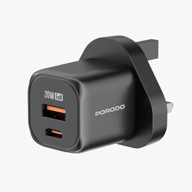شاحن سريع محمول Porodo PD 20W USB Q3.0 Uk، تقنية GaN، حماية من الحرارة الزائدة، شحن متزامن، رفيق موثوق به، منافذ USB-C وUSB-A - أسود