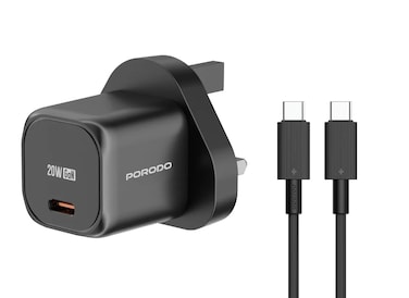 Porodo UK GaN Charger with Type-C to Lightning Head Cable, PD 20W Fast Charge, Universal Compatibility, Overheat Protection, Safe &amp; Reliable Charging - Black