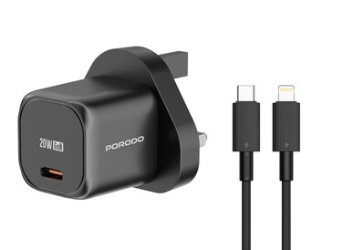 Porodo USB-C Power Delivery GaN Wall Charger, 20W PD Output, Universal Compatibility, Over-Heat Protection, Includes 1.2M USB-C to Lightning Cable, UK Plug, Black
