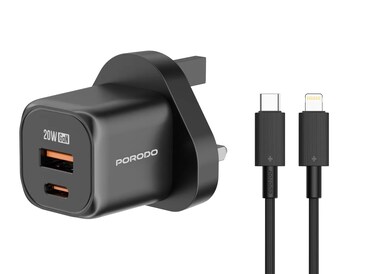 شاحن سريع محمول Porodo PD 20W USB Q3.0 Uk، تقنية GaN، حماية من الحرارة الزائدة، شحن متزامن، رفيق موثوق به، منافذ USB-C وUSB-A - أسود