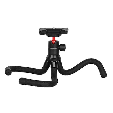 Porodo Flexible Tripod Stand with 360&deg; Panoramic Ball-Head, 390mm Extended Height, 1/4&quot; Camera Mount Screw, ABS + Rubber Material, 2kg Load Capacity, Non-Slip Grip
