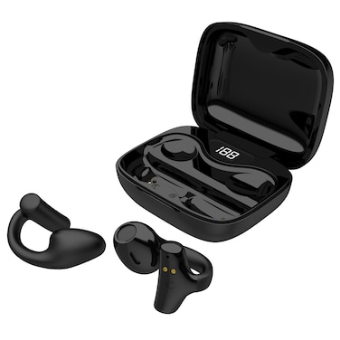 Porodo Soundtec Snap Clip-On Wireless Earbuds,Touch Controls,Clip-On Design,Digital Display,24H Playtime,Deep Bass,Lightweight,Fit &amp; Elegant,10M transmission Range - Black
