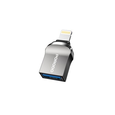 Porodo USB-A to Lightning Adapter, 480Mbps Data Transfer Speed, Plug &amp; Play, Universal Compatibility with Lightning Devices, Zinc Alloy, Black
