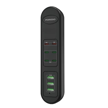 Porodo 50W Multiport USB Strip UK, PD 20W Fast Charge, 6 USB-C &amp; 3 USB-A Ports, 2M Cable Length, Built-In Safeguards, Simultaneous Charging, Portable &amp; Lightweight &ndash; Black
