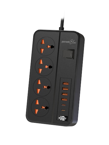 Porodo Blue 4 AC Power Socket with X4 USB-C X2 USB-A Port, UK Plug 3-Pin, 3 Meters Cable, 3000W Rated Power, 13A Max Current, Safety Shutters, Power Switch &ndash; Black
