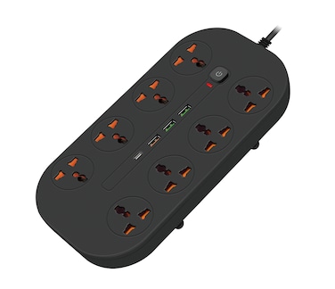 مقبس الطاقة العالمي بورودو بلو، 8 منافذ AC، 1 منفذ USB-C و3 منافذ USB-A، كابل بطول 3 أمتار، قابس UK، مصاريع أمان، مفتاح تحكم، قدرة 3000 واط، تيار 13 أمبير – أسود
