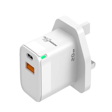 Porodo Blue Ultra-Quick Charger with 20W Total Output, USB-C Output (5V/3A, 9V/2.22A, 12V/1.67A), USB-A Output (5V/3A, 9V/2A, 12V/1.5A), Protective Safeguards, Universal Input (100-240V)
