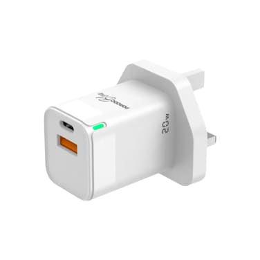 Porodo Blue Ultra-Quick Charger, USB-C 20W Output, USB-A 18W Output, 100-240V Input, 1M Lightning Cable Included, Protective Safeguards, Total Output 20W