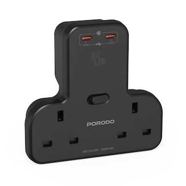 Porodo Multi-Port Wall Socket, USB-C1/C2 Output 5V/3A, 9V/3A, 12V/3A, 15V/3A, 20V/2.25A (45W MAX), USB-C1 + USB-C2 Output 22.5W + 22.5W or 10W + 35W (Total: 45W MAX)