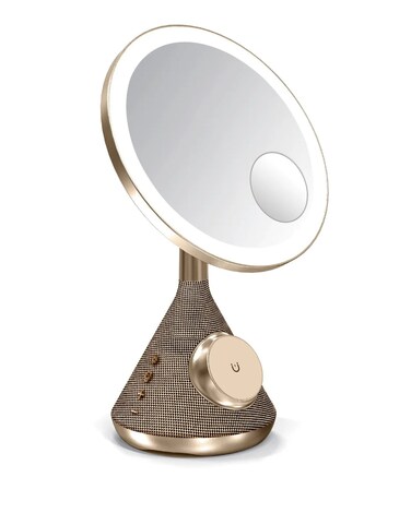 Porodo LED Makeup Mirror, Compatible With MagSafe, Up to 30M Bluetooth Transmission Distance, 15W Max Wireless Output, 3Color Temperature, 5W Speaker Output, Type-C In/Out (Gold)