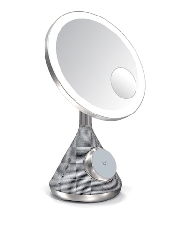 Porodo LED Makeup Mirror, Adjustable Brightness (High, Medium, Low), 5W Bluetooth Speaker, 15W Max Wireless Charger, MagSafe Charger, USB-C Input/Output, Silver
