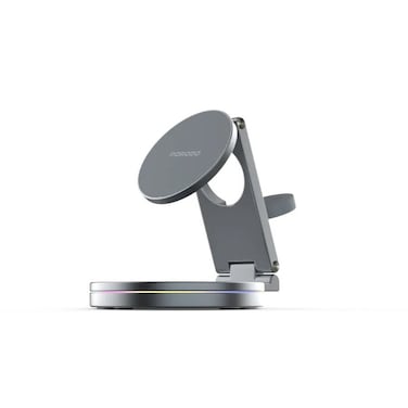 Porodo Rotating Base 3-in-1 Wireless Charger Stand, MagSafe Compatible, Folding Design, 15W Fast Charging, Dedicated Spots for Smartphone, Smartwatch &amp; Earbuds &ndash; Black
