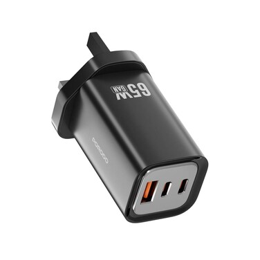 Porodo 65W Triple Output Quick Wall Charger, Type-C 1 65W, USB-A 22.5W, Type-C 2 20W, AC 100-240V, USB-A &amp; USB-C Output, UK Plug, Multiple Sharing Outputs for Efficient Charging