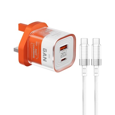 Porodo Crystal Shell GaN Wall Charger with 1.2M USB-C Cable Included, USB-C 20W Output, USB-A 18W Output, Simultaneous Charging, Over-Heat Protection, Transparent Design, UK Plug