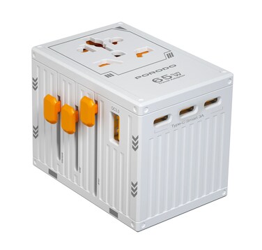 شاحن السفر العالمي بورودو GaN بخمسة منافذ، شحن سريع PD 65W، 4 منافذ USB-C ومنفذ USB-A، حماية مزدوجة بالصمامات، حماية مدمجة، طاقة قصوى 2500 واط - أبيض
