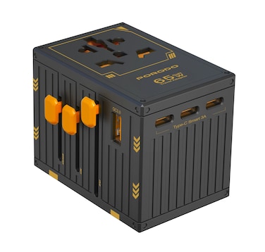 شاحن السفر العالمي بورودو GaN بخمسة منافذ، شحن سريع PD 65W، 4 منافذ USB-C ومنفذ USB-A، حماية مزدوجة بالصمامات، حماية مدمجة، طاقة قصوى 2500 واط - أسود
