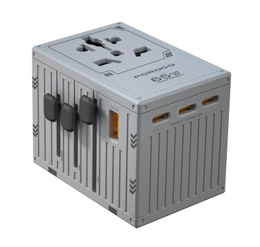 Porodo GaN 5-Port Travel Block Universal Charger, PD 65W Fast Charging, Built-in Safeguards, Dual Fuse, Fuse Protection, 4 USB-C, 1 USB-A, 2500W Max Rated Power (Gray)
